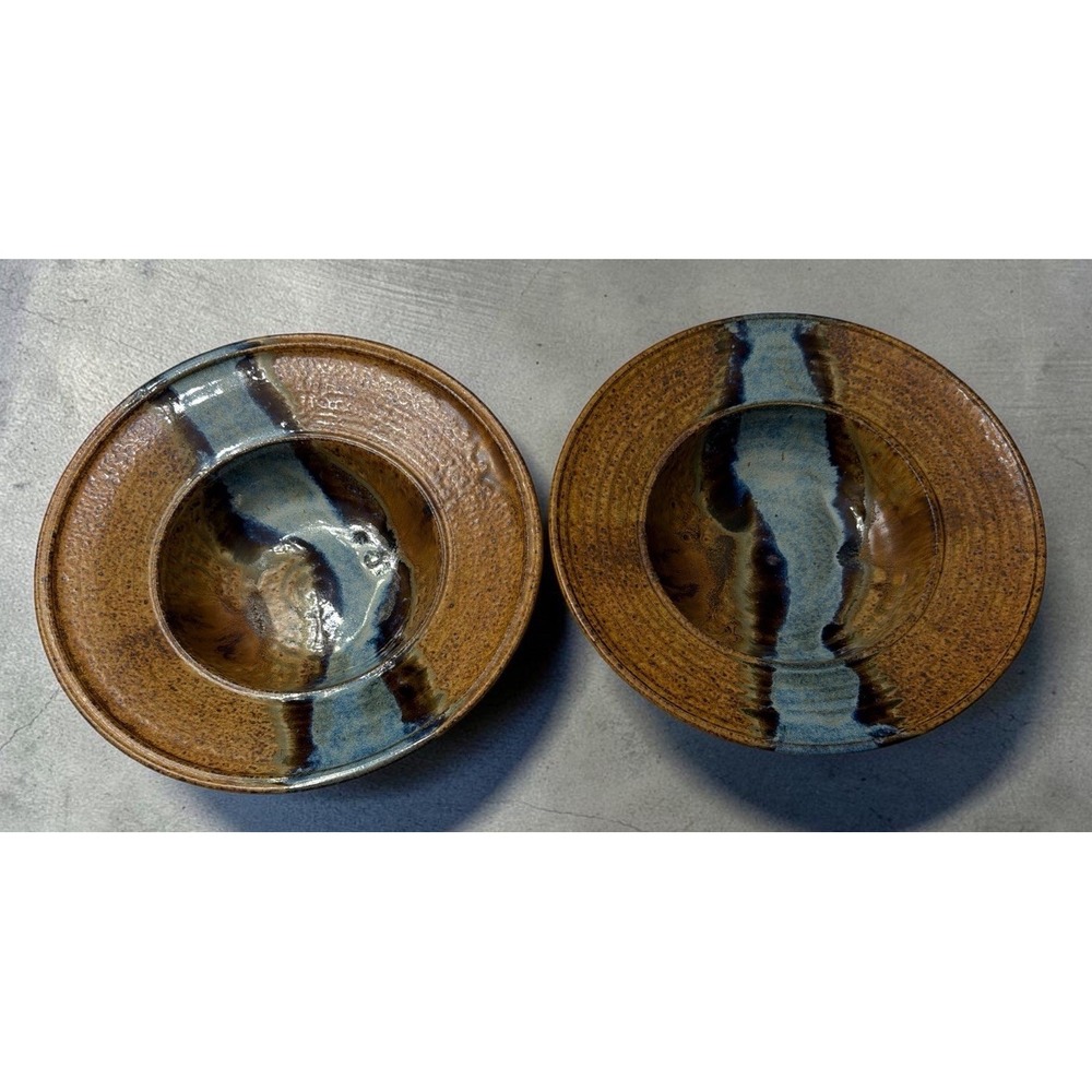 2 Pottery Bowls 9.75" Wide Rim Hand Thrown Blue Brown Studio Signed Abstract VTG